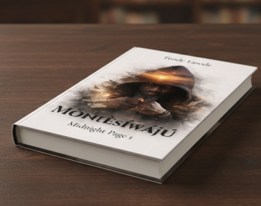 Mònèsìwájú Midnight Page I fiction book cover design with dramatic minimalist style by Sawaira Asghar