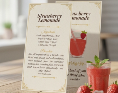 Strawberry lemonade recipe card culinary illustration and vintage editorial layout design by Sawaira Asghar